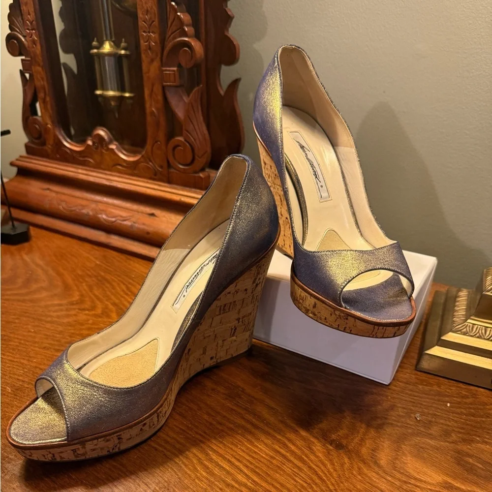 Brian Atwood Metallic Gold/Silver Leather 4”Cork Wedge Heels Size 8.5 MSRP $595